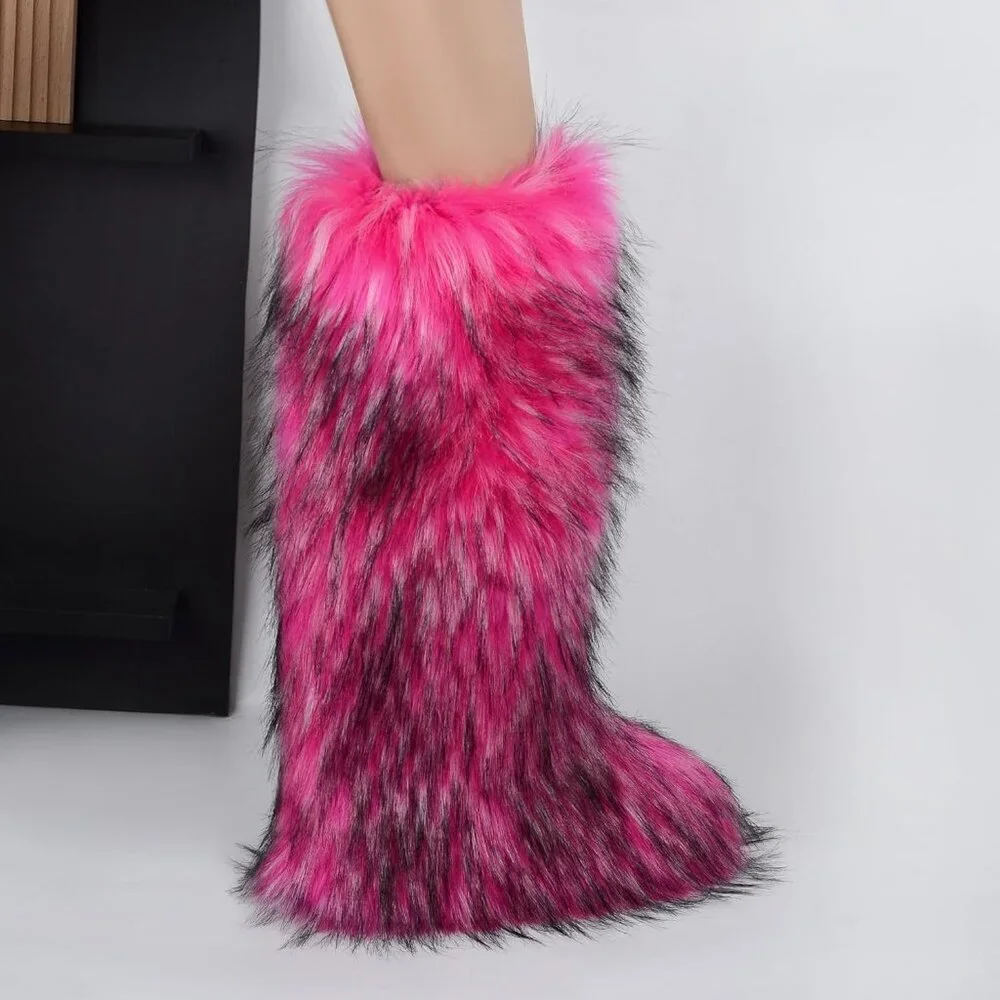 ⚡Women Rose Red Faux Fur Fluffy Cosy Round Toe Knee High Warm Outdoor Fur Boot